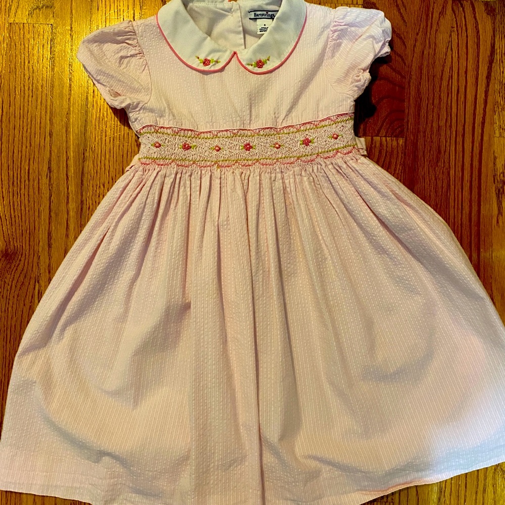 Girls Hartstrings dress with white collar and flower embroidery.